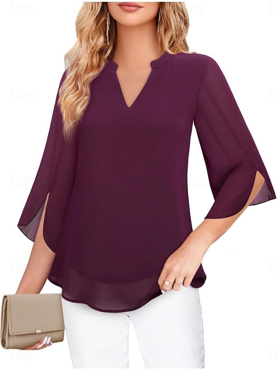 Women's Blouse Solid Color Elegant Stylish Casual 3/4 Length Sleeve V Neck Regular Tops Daily Pink Wine Red Royal Blue Green Summer Spring 2026 - $21.99 –P7