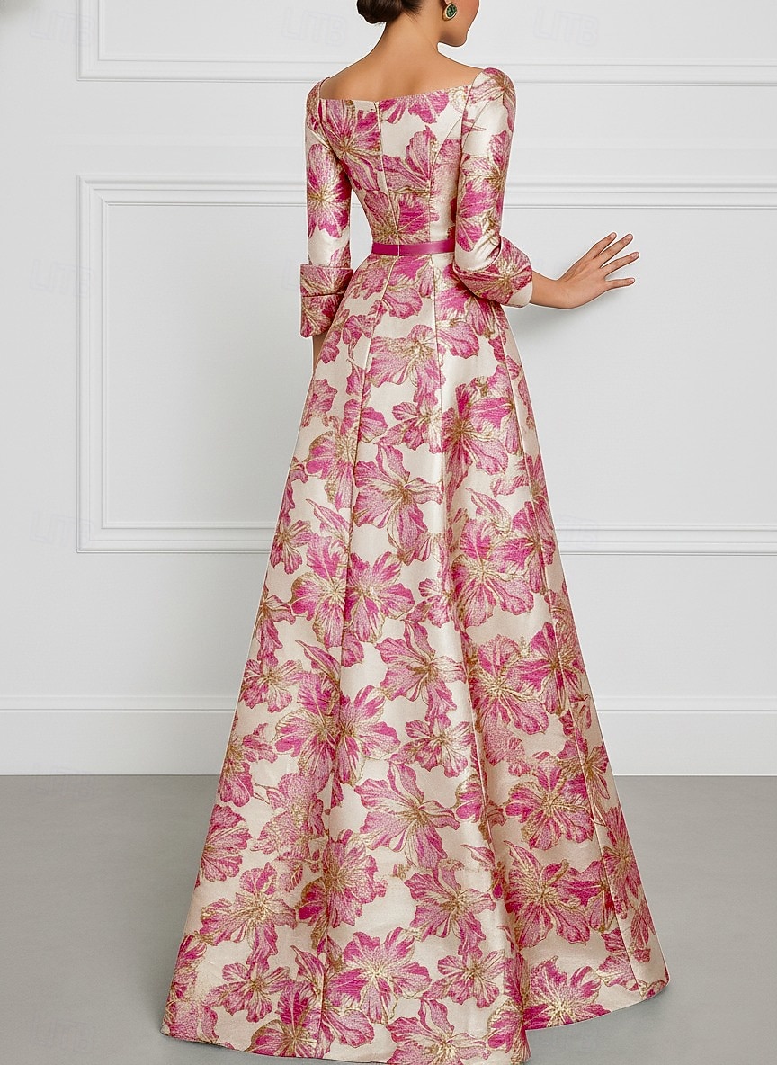 A-Linie Na zem Večerní šaty Elegantní Květinový Pastel 3/4 délka rukávu Hranatý Svatební Formální Žakár s Mašle Rozparkem 2026 - $186.99 –P2