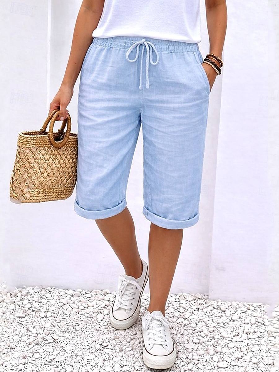 Dames Katoenen linnen shorts Capri broeken Vrijetijdsbroek Zomer korte broeken Vakantie Basic Knielengte Medium Taille Effen Comfortabel Inelastisch Donker Grijs Zwart Wit Oranje Zomer Lente 2026 - $21.99 –P11