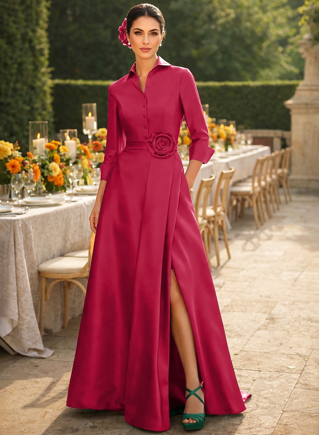 Corte A Hasta el Suelo Vestido de Camisa Vestido Invitada Boda Vestido formal Vestido de Madrina Manga 3/4 Cuello Camisero Elegante Boda Formal Tafetán Satén elástico con Abertura 2026 - $164.99 –P7