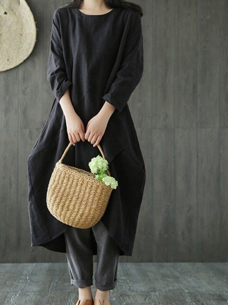 Women's Midi Dress Shift Dress Casual Daily Loose Fit Plain 3/4 Length Sleeve Crew Neck Black Green Gray Summer Fall Autumn 2026 - $24.99 –P7