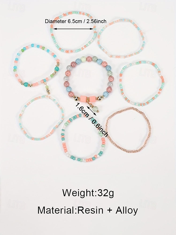 2026年 女性用マルチカラーボヘミアンスタイルの樹脂＆合金ビーズブレスレット。トレンディで鮮やか。休暇やカジュアルな普段使いに最適。  コレクション – $8.99 –P8