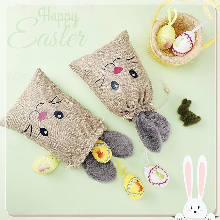 5/10 Pcs Easter Linen Drawstring Gift Bag, Burlap Bags with Fluffy Bunny Ears, Perfect for Holding Easter Eggs, Cookies, Chocolates, Bunny Party Favor Bags, Easter Candy Egg Hunt for Kids 2026 - $23.99 –P8