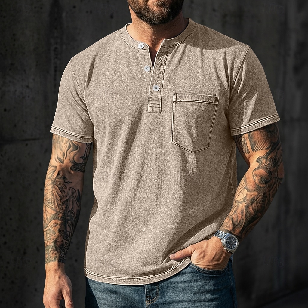 Pánské Tričko Henley Košile ze 100% bavlny Tričko Tričko Krátký rukáv Jednobarevné Retro Na běžné nošení Retro styl Barvení oděvů Vybledlý Henley Ležérní Léto Jaro Podzim Světlá růžová Šedá Tričko 2026 - $31.99 –P13