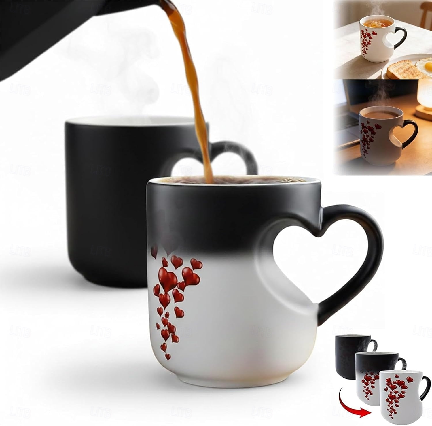 Magický keramický hrnek ve tvaru srdce, který mění barvu, termochromický kávový hrnek s rukojetí ve tvaru srdce, zábavný keramický kávový hrnek na Valentýna, dárky ke Dni matek 2026 - $22.99 –P1