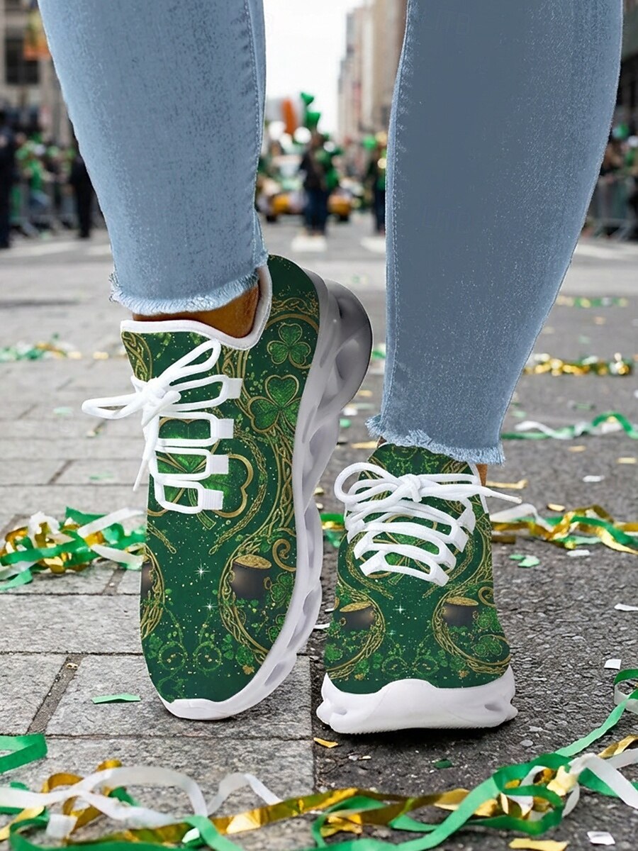 Gröna keltiska sneakers med snörning för damer, St. Patrick's Day - Lätta, vadderade promenadskor för irländska festivaler, parader, fester och resor &vardagskläder 2026 - $42.99 –P5