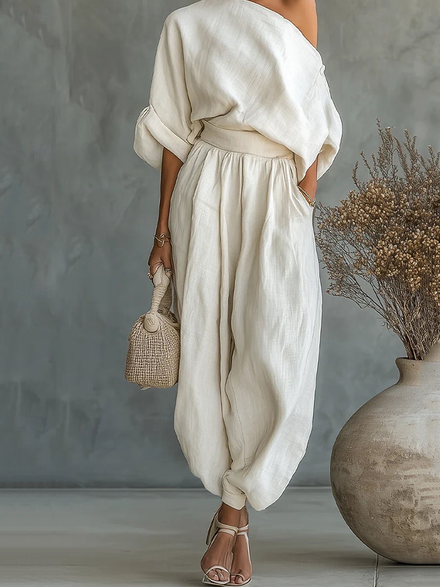 Γυναικεία Βαμβακερά σετ λευκών ειδών Σετ παντελονιών μπολερό Μακρυμάνικο Ώμοι Έξω Σκέτο Σουρωτά Κουρελού Κομψό Μοντέρνα Κομψό στυλ street Causal Καθημερινά ΕΞΩΤΕΡΙΚΟΥ ΧΩΡΟΥ Μπεζ Καλοκαίρι 2026 - $54.99 –P2