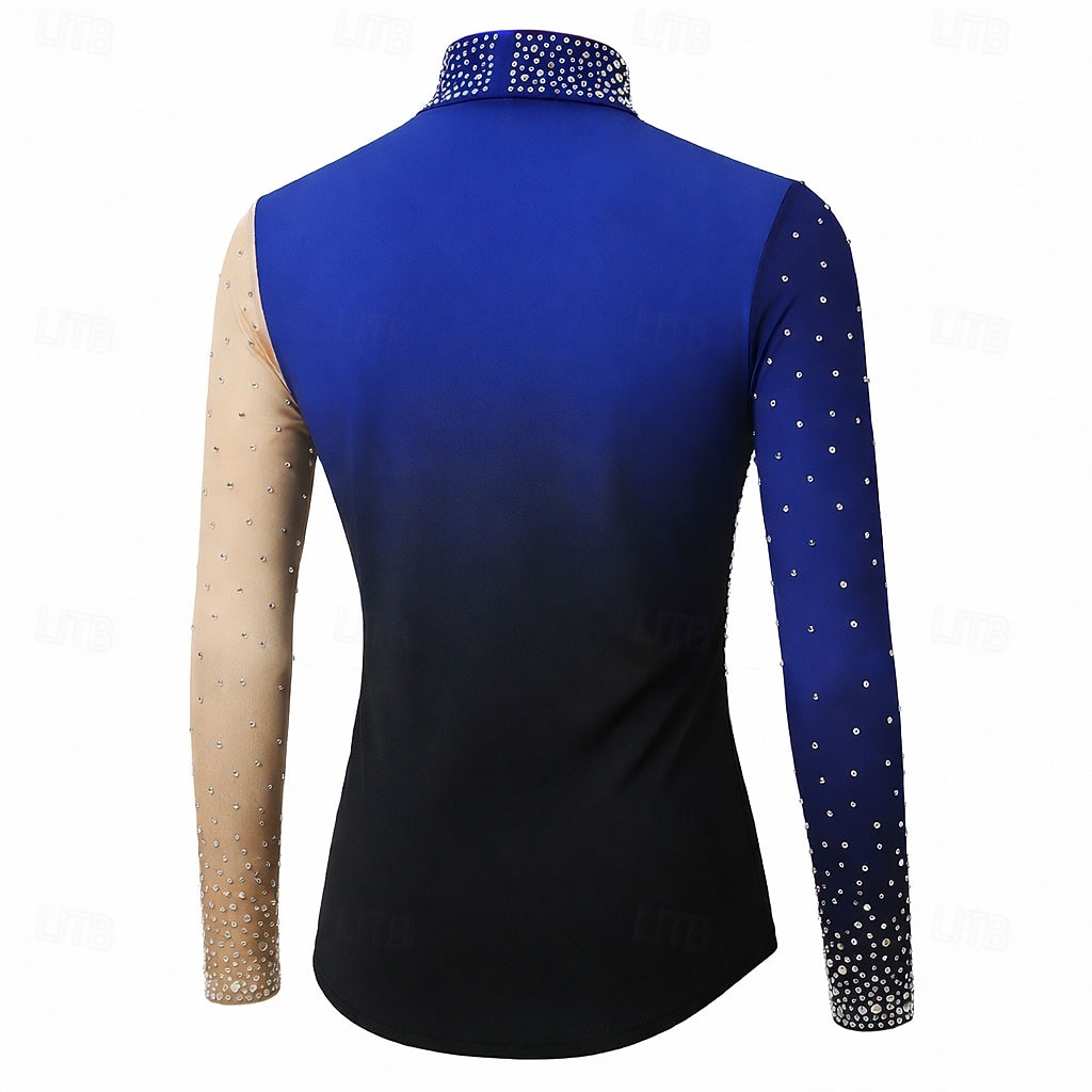 Figure Skating Top Men's Ice Skating Tops Blue Black Patchwork Stretchy Training Competition Skating Wear Classic Crystal / Rhinestone Long Sleeve Ice Skating Figure Skating 2026 - $265.49 –P2