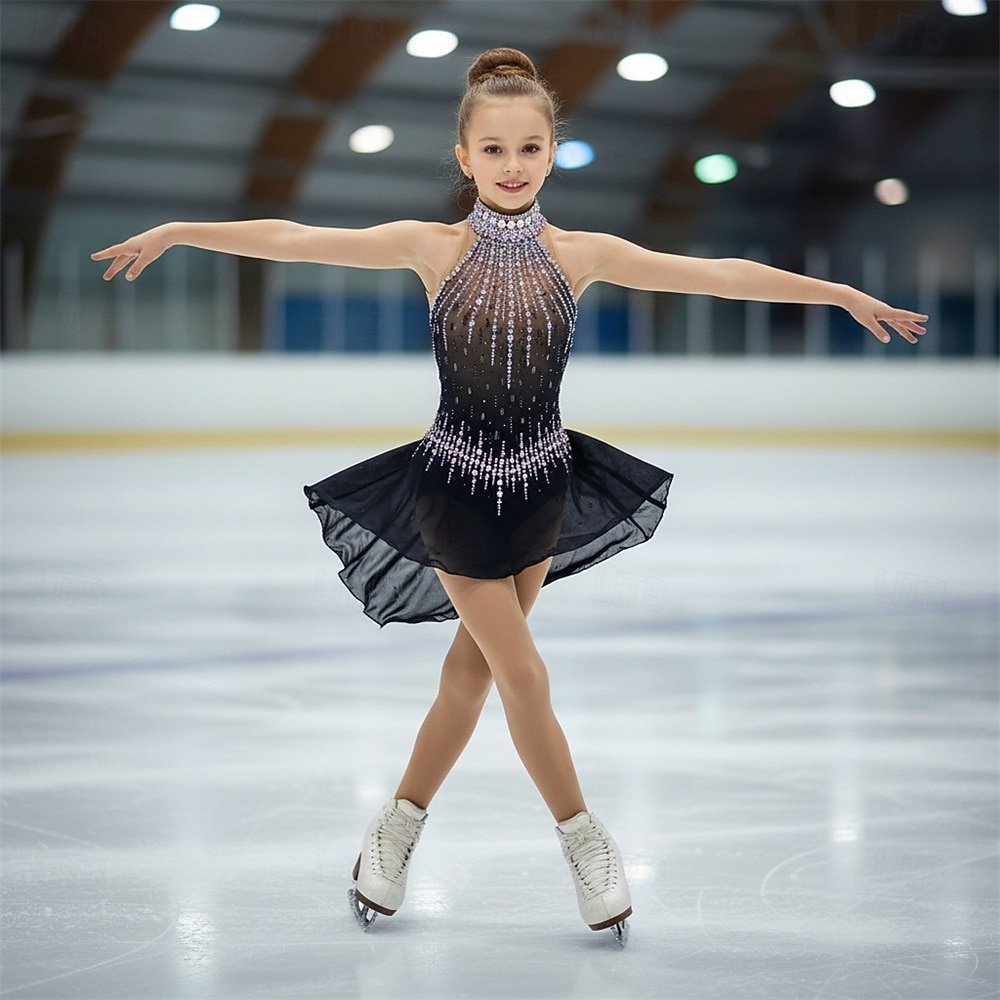 Figure Skating Dress Girls' Ice Skating Dress Black Patchwork Asymmetric Hem Stretchy Training Competition Skating Wear Classic Crystal / Rhinestone Sleeveless Ice Skating Figure Skating 2026 - $201.89 –P1