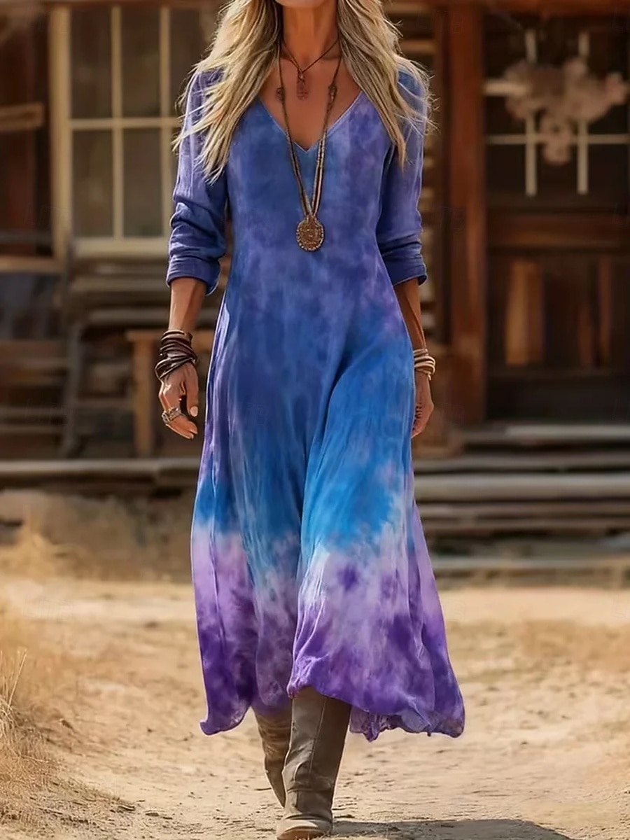 Mulheres Vestido maxi longo Vestido Boho Vestido antigo Vestido casual Vintage Diário Ao ar livre Férias Normal Tintura Tie Dye Manga Longa Decote V Azul Primavera Outono de 2026 por $37.99 –P1