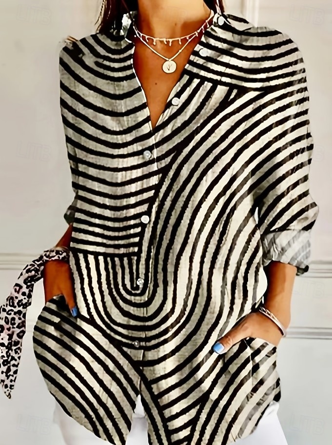 Dam Skjorta Blus Lappverk Knappar Mönster Grafisk Geometrisk Rutig Vintage Tropisk Dagligen Långärmad Tröjkrage Långa toppar Dagligen Blå Svart Rubinrött Marinblå Orange Sommar Vår 2026 - $32.99 –P9