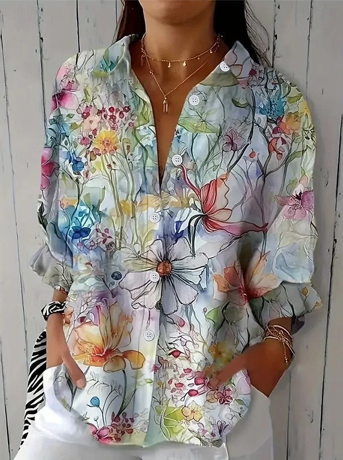 Mujer Camisa Frunce Floral Graphic Elegante Vacaciones Manga Larga Cuello Camisero Tops regulares Diario Trabajo Festivos Azul claro Verano Primavera 2026 - $39.99 –P1