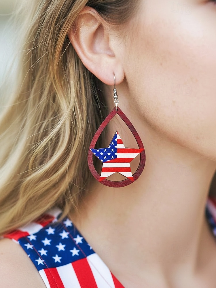 Amerykański 250. Jubileusz Kwiatowe Drewniane Kolczyki w Kształcie Łzy z Flagą USA lekkie Patriotyczne Biżuteria z Długimi Kolczykami dostępne w wielu stylach Casual Boho Styl na co dzień 2026 - $7.99 –P1