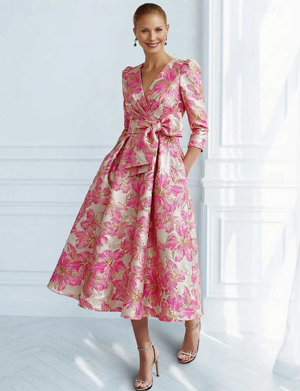 A-Linie Knöchellänge Cocktailkleider Partykleider Elegant Vintage Kurzarm V Ausschnitt Hochzeit Formell Jacquard mit Schleife(n) Tasche 2026 - $175.99 –P2