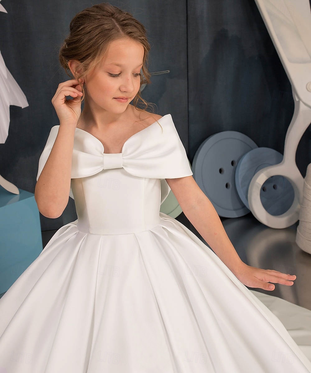 Ball Gown Sweep Brush Train Flower Girl Dress First Communion Girls Cute Prom Dress Satin with Bow(s) Elegant Fit 3-16 Years 2026 - $80.99 –P3