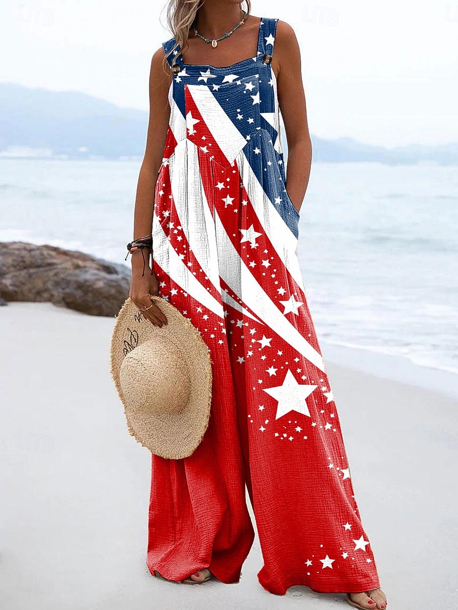 Unabhängigkeitstag Patriotic Damen Latzhose Aktiv Grafik Ärmellos Weite Beinform Quadratischer Ausschnitt Taschen Knöpfe Alltag Strand Lockere Passform Gelb Rot Lila Sommer 2026 - $43.99 –P1