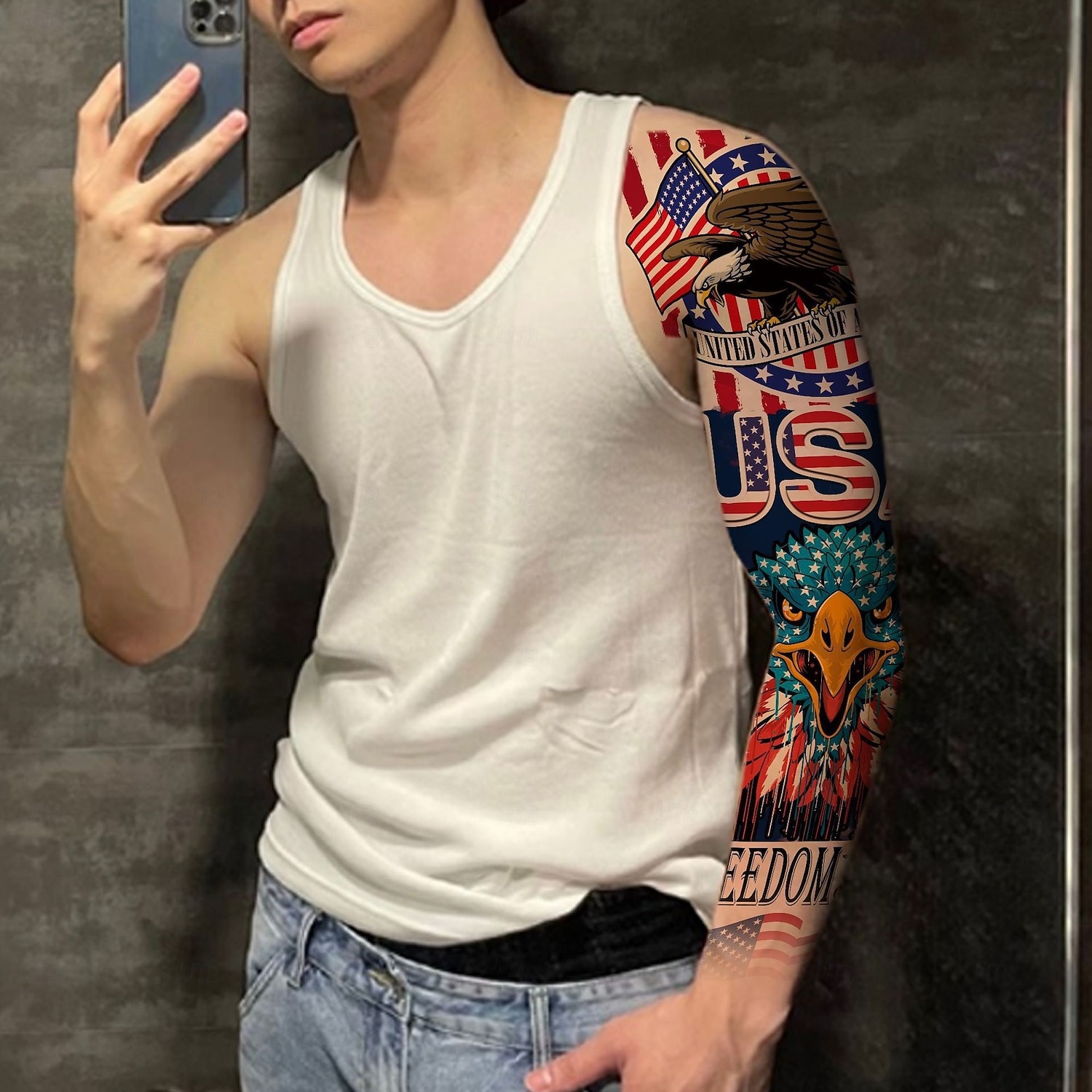 8 hojas de tatuajes temporales de brazo completo para hombres, pegatinas de tatuajes de manga con calavera y águila con la bandera patriótica de EE. UU., tatuajes falsos extragrandes e impermeables 2026 - $14.99 –P4