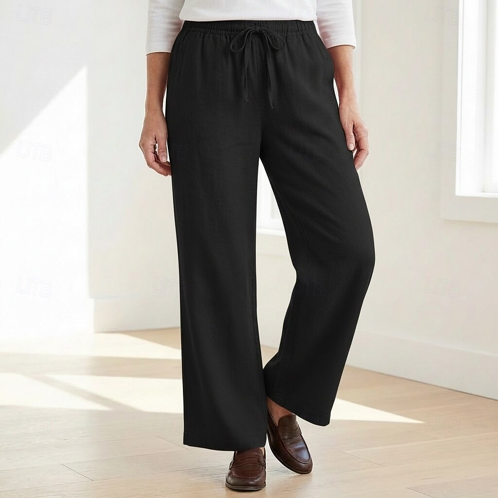 70% Linen Women's Linen Pants Culottes Wide Leg Wide Leg Chinos Vacation Streetwear Basic Full Length Medium Waist Plain Drawstring Pocket Comfort Inelastic Daily Outdoor claret Deep Green 2026 - $49.99 –P13