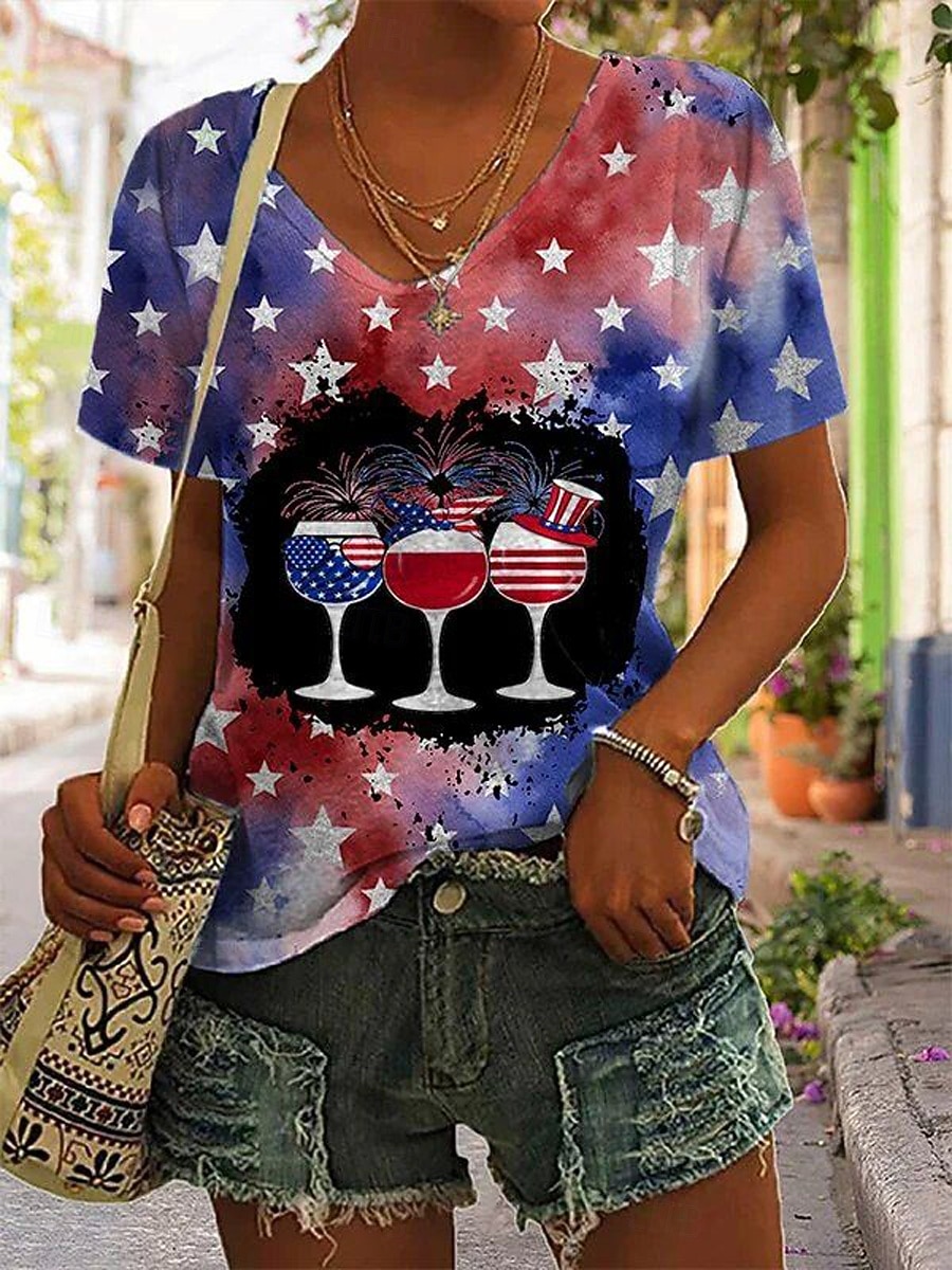 Unabhängigkeitstag Amerikanisches Jubiläum Patriotischer Damen T-Shirt Druck Grafik Flagge Stylisch Klassisch Lässig Kurze Ärmel V-Ausschnitt Reguläre Oberteile Alltag Blau Schwarz Rot Rot  Blau 2026 - $21.99 –P3