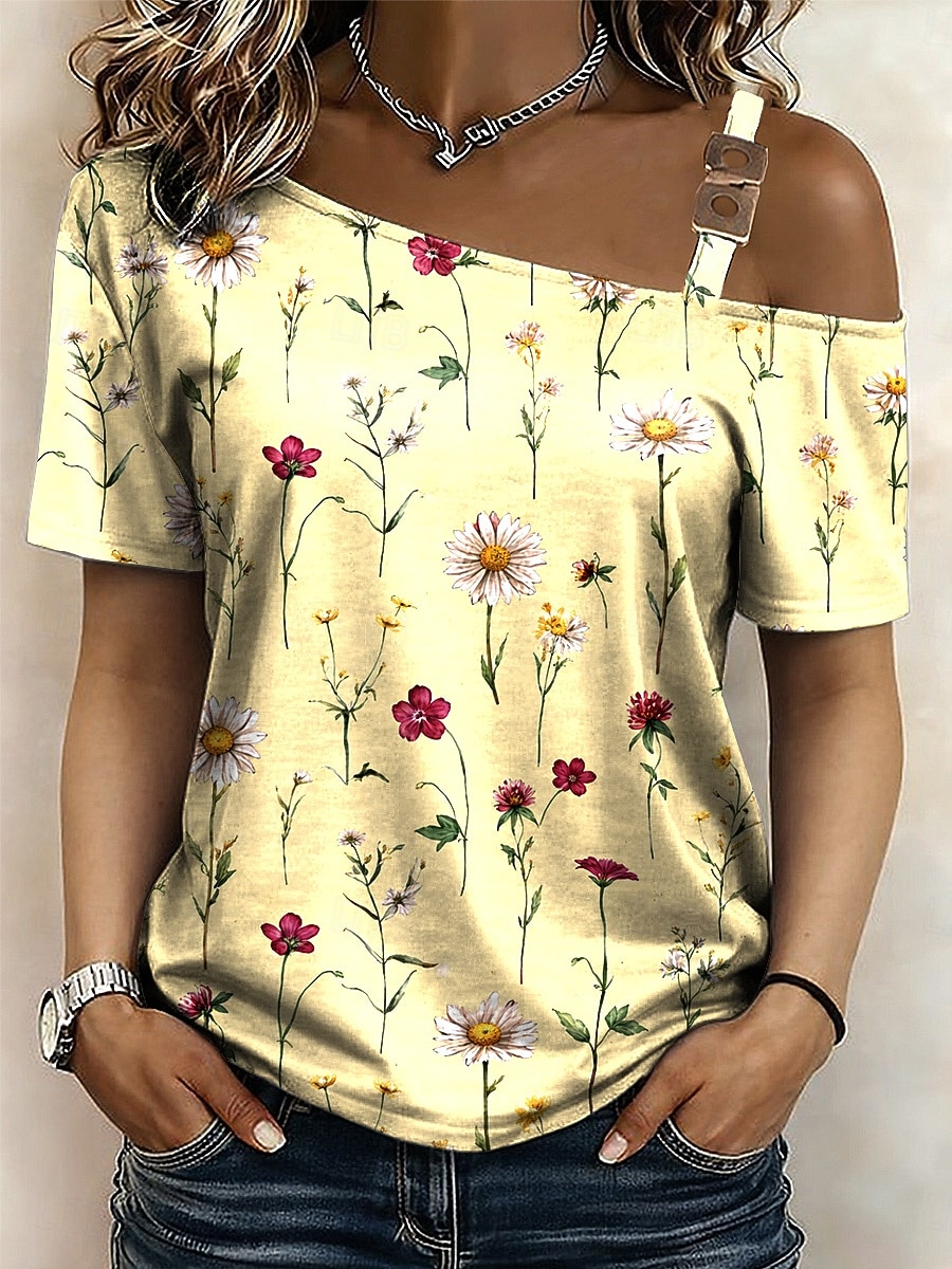 Dame T skjorte T-skjorte Trykt mønster Asymmetrisk Blomstret Grafisk Geometrisk Årgang Stilfull Klassisk Kortermet Båthals Asymmetrisk hals Vanlige topper Daglig Ut på byen Helg Svart Gul Sommer Vår 2026 - $21.99 –P1
