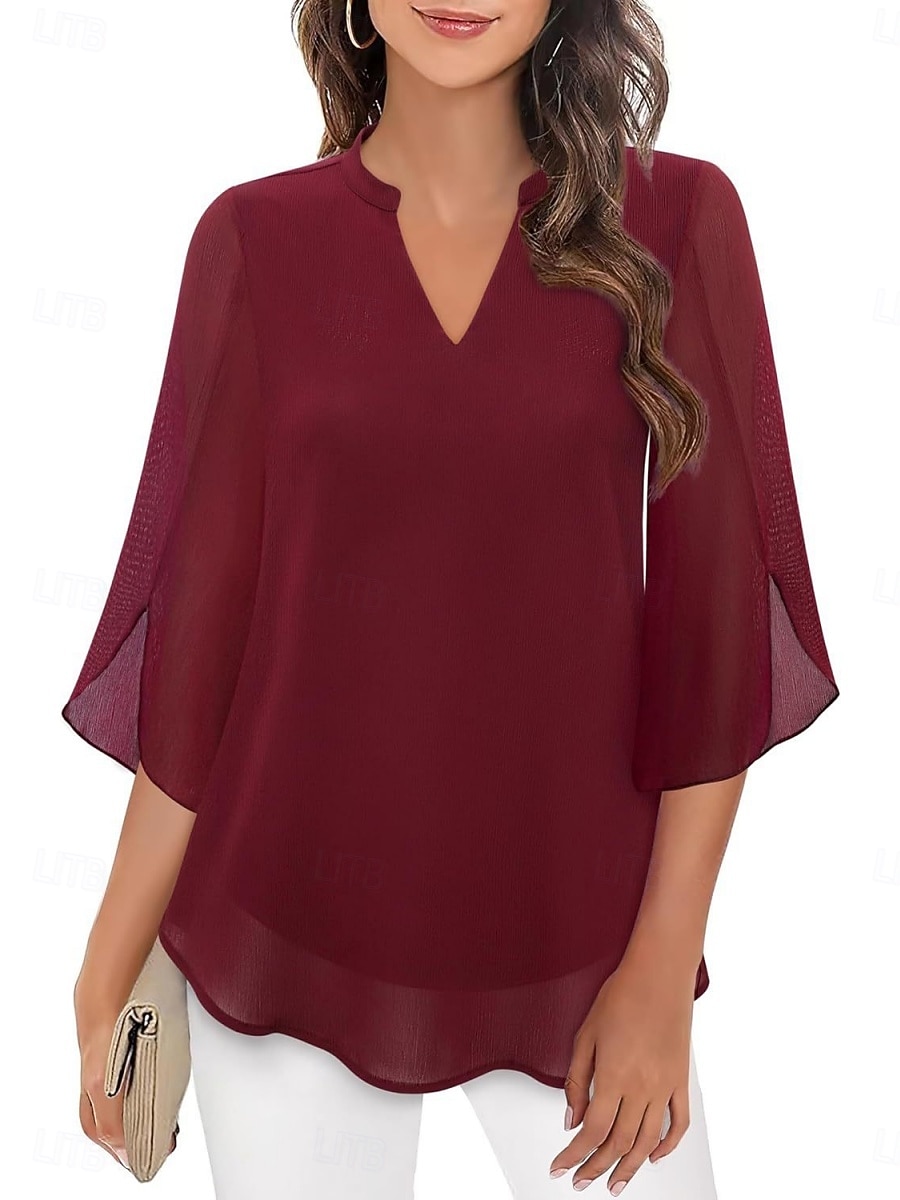 Women's Blouse Solid Color Elegant Stylish Casual 3/4 Length Sleeve V Neck Regular Tops Daily Pink Wine Red Royal Blue Green Summer Spring 2026 - $21.99 –P14