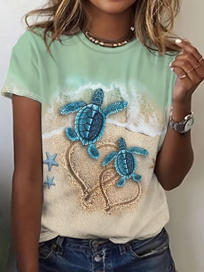 Damen T Shirt Druck Grafik Tiermotiv Ozean Stilvoll Klassisch Lässig Kurzarm Rundhalsausschnitt Normale Oberteile Täglich Blau Rosa Grün Leicht Blau Sommer Frühling 2026 - $22.99 –P3