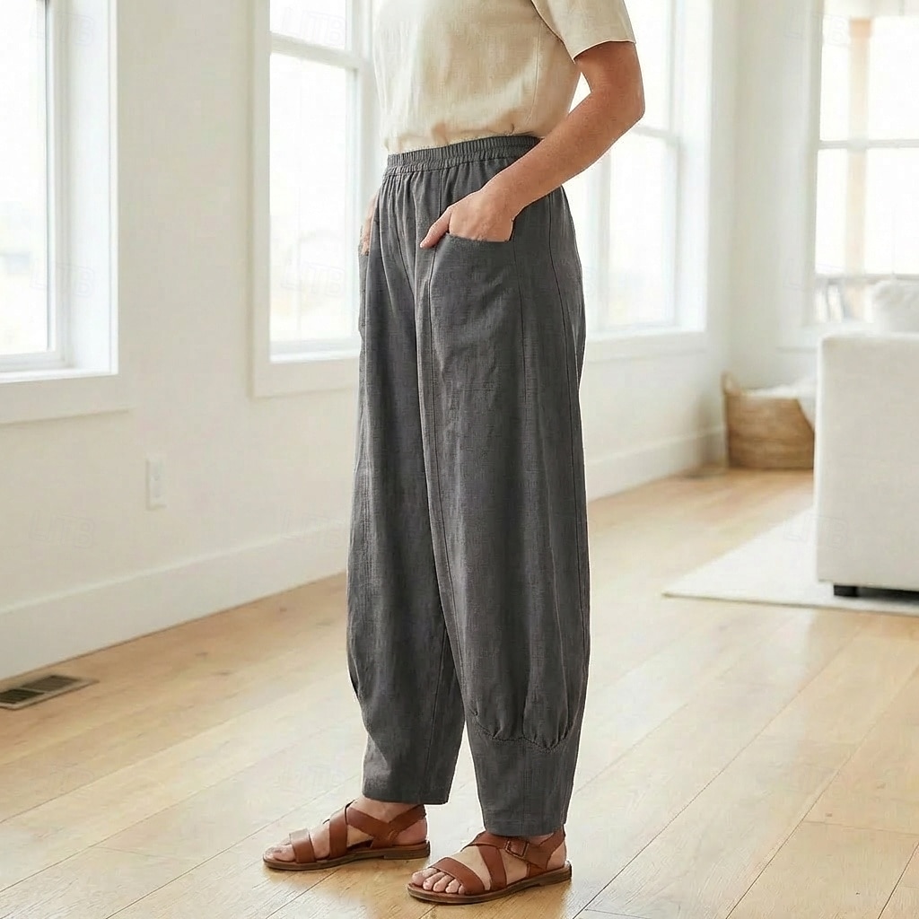 Damen-Leinenhose aus 70 % Leinen, weites Bein, Chino-Stil, Sommerhose, Urlaubshose, Streetwear, Basic, lange Länge, mittlere Bundhöhe, schlicht, Tasche, elastischer Bund, bequem, komfortabel, nicht elastisch, für Alltag, Outdoor, Straße, Bordeauxrot, Azur 2026 - $49.99 –P10