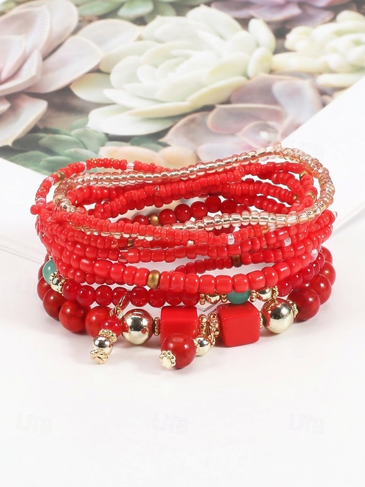 Dámské vícebarevné korálkové náramky z pryskyřice a slitiny v bohémském stylu, moderní a zářivý vzhled, ideální na dovolenou i pro běžné nošení. 2026 - $8.99 –P11