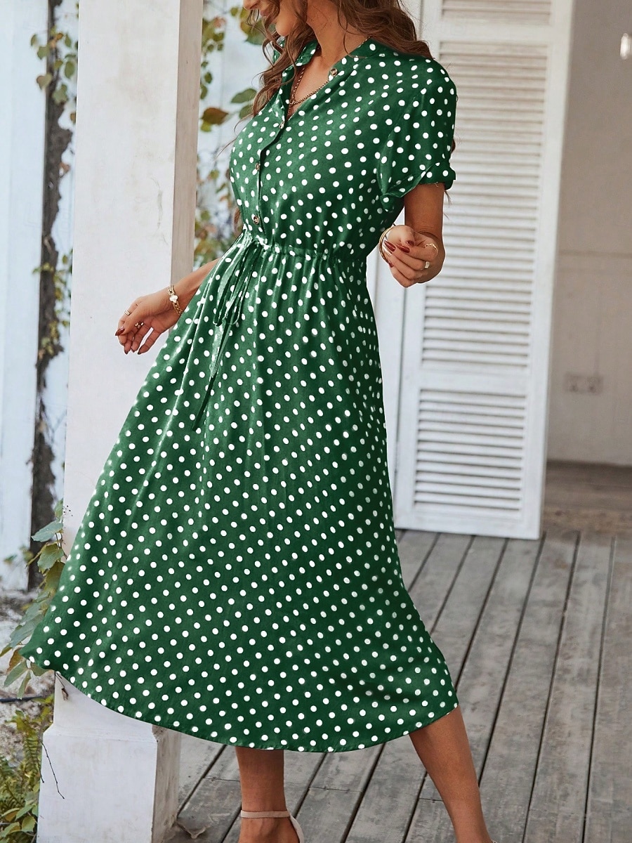 Damen Midikleid A Linie Kleid Urlaub Lässig Outdoor Ausgehen Normale Passform Tupfen Kurzarm Umlegekragen Blau Marineblau Weiß Rosa Sommer Frühling 2026 - $41.99 –P18