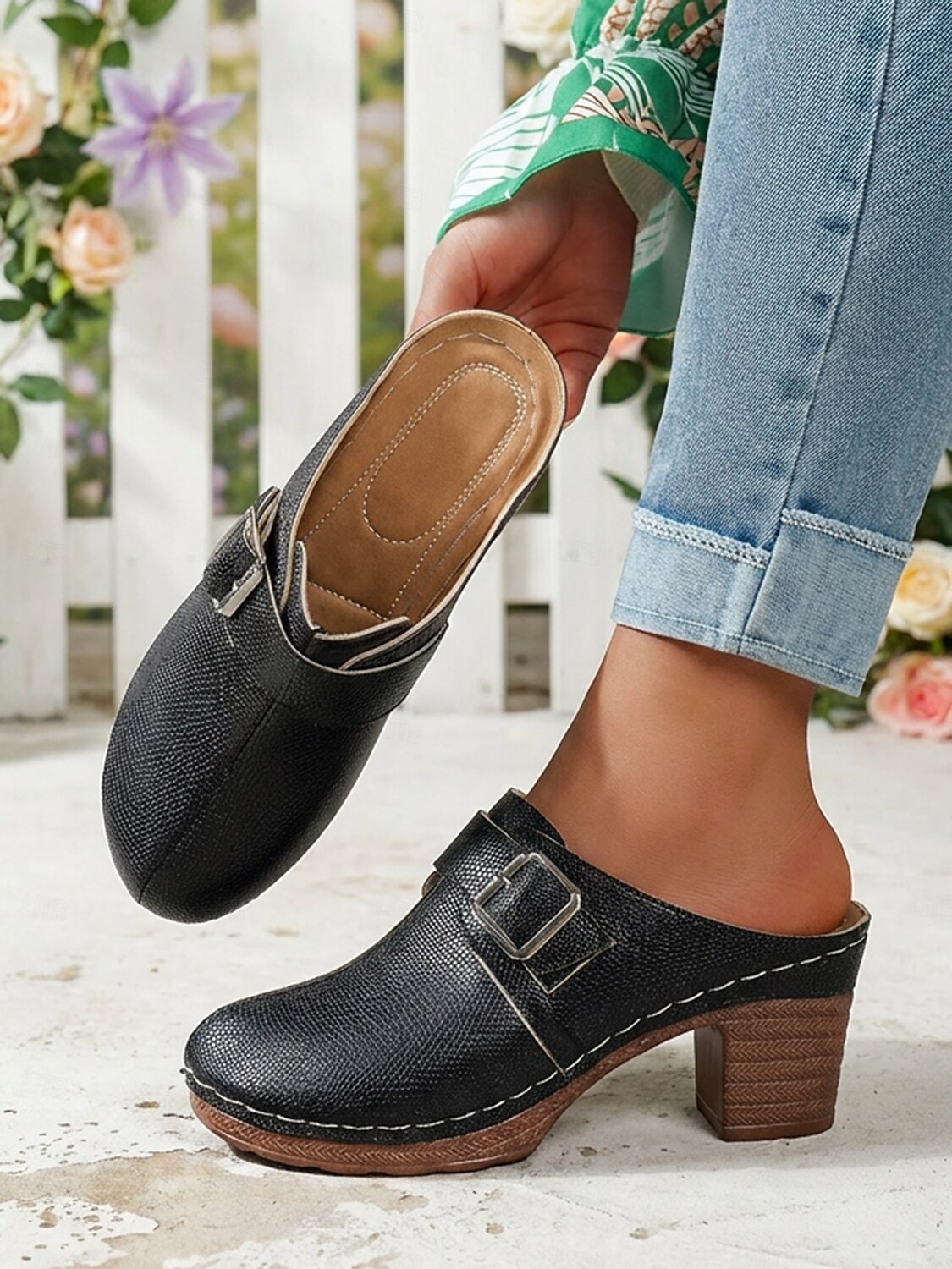 Zwarte casual muiltjes met dikke hak voor dames - bovenkant met textuur en gespbandje, comfortabele instappers met klomphak voor werk, wandelen, reizen en casual uitjes. &dagelijkse kleding 2026 - $24.99 –P3