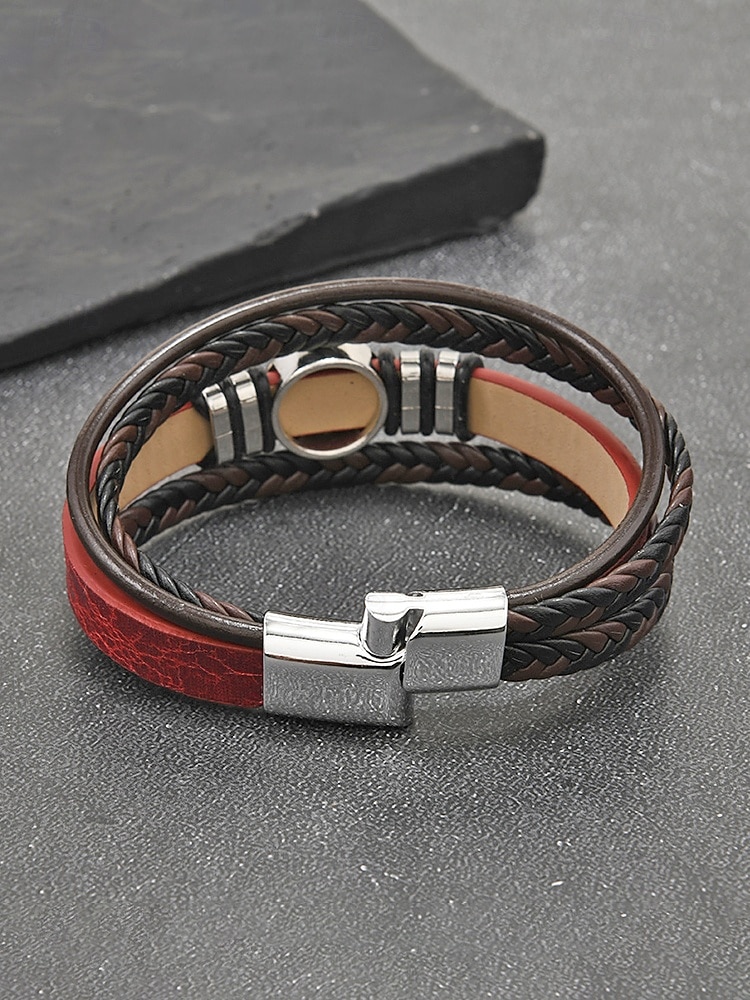 Herrarmband i flerskiktat konstläder med vikingatrender – flätat konstläderarmband i flera färger, bohemisk punkstil för strandsemester, vardagskläder och present till honom 2026 - $7.99 –P8