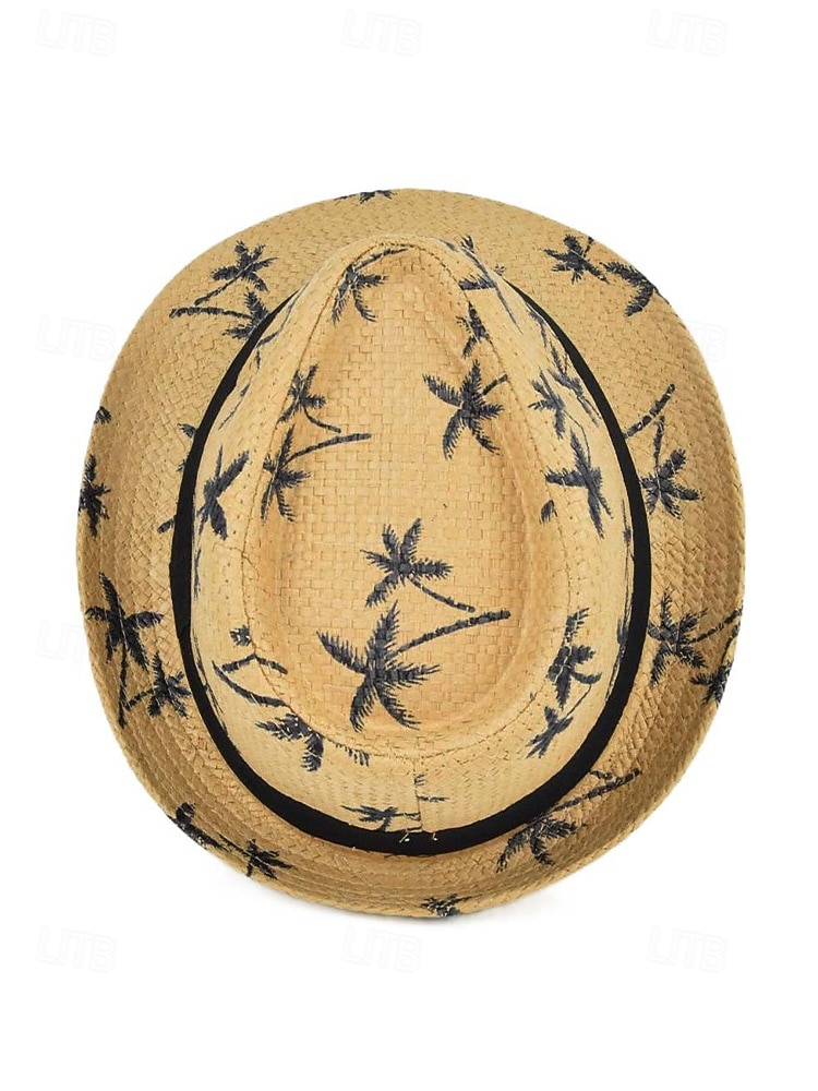 Sombrero fedora de paja para hombre con estampado de palmeras, ligero y transpirable, tejido para verano, disponible en varios colores, estilo informal de resort para vacaciones en la playa en primavera y uso diario. 2026 - $19.99 –P10