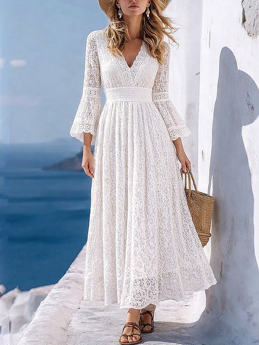 Per donna Abito maxi Abito in pizzo bianco Abito a trapezio Casual All'aperto Uscire Vestibilità standard Tinta unica Manica Lunga Scollo a V Bianco Estate Primavera Autunno del 2026 a $29.99 –P3