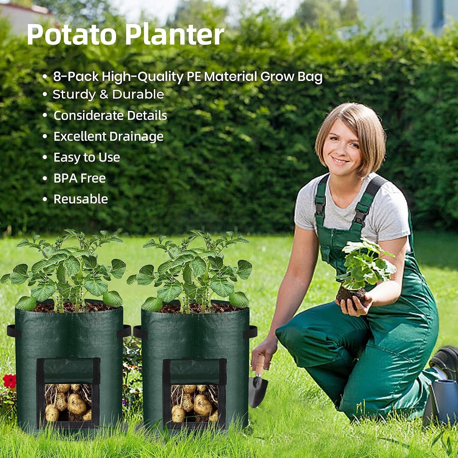 2-pack grönsaksodlingsbehållare PE-behållare, potatisodlingspåsar, 10 gallon med klaff och handtag, krukor för lök, frukt, tomat och morötter 2026 - $22.99 –P6