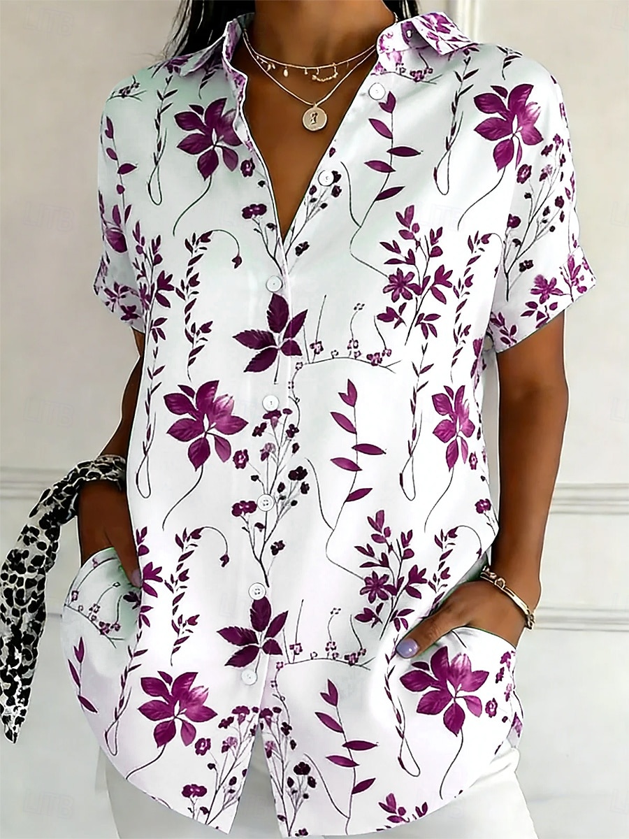 Γυναικεία Πουκάμισο Κουμπιά Στάμπα Φλοράλ Γραφική Βίντατζ Στυλάτο Μοντέρνα Κοντομάνικο Κολάρο Πουκαμίσου Κανονικά μπλουζάκια Καθημερινά Θαλασσί Κίτρινο Βυσσινί Πράσινο του τριφυλλιού Καλοκαίρι Άνοιξη 2026 - $11.49 –P2