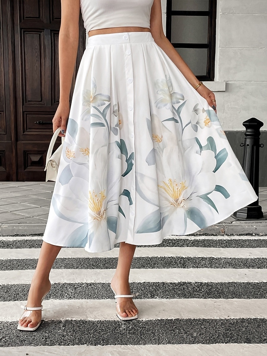 Women's Vacation Skirt Fashion Casual Midi High Waist Skirts Floral Print Micro-elastic Daily Street Beige Spring Polyester 2026 - $34.99 –P2