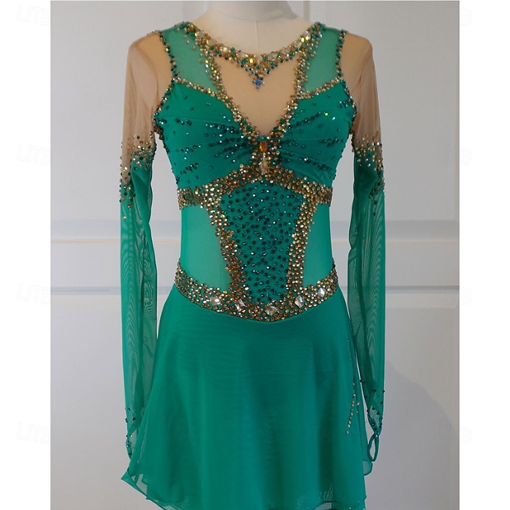 Figure Skating Dress Women's Ice Skating Dress Green Patchwork Open Back High Elasticity Training Competition Skating Wear Classic Crystal / Rhinestone Long Sleeve Ice Skating Figure Skating 2026 - $329.79 –P2