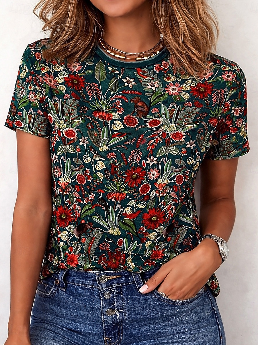 Per donna Maglietta Stampato Floreale Grafico Paisley Bohemien Vintage Elegante Manica Corta Girocollo Scollo a V Top lunghi Quotidiano Uscire Weekend Blu Nero Verde chiaro Viola Verde Estate del 2026 a $7.99 –P10