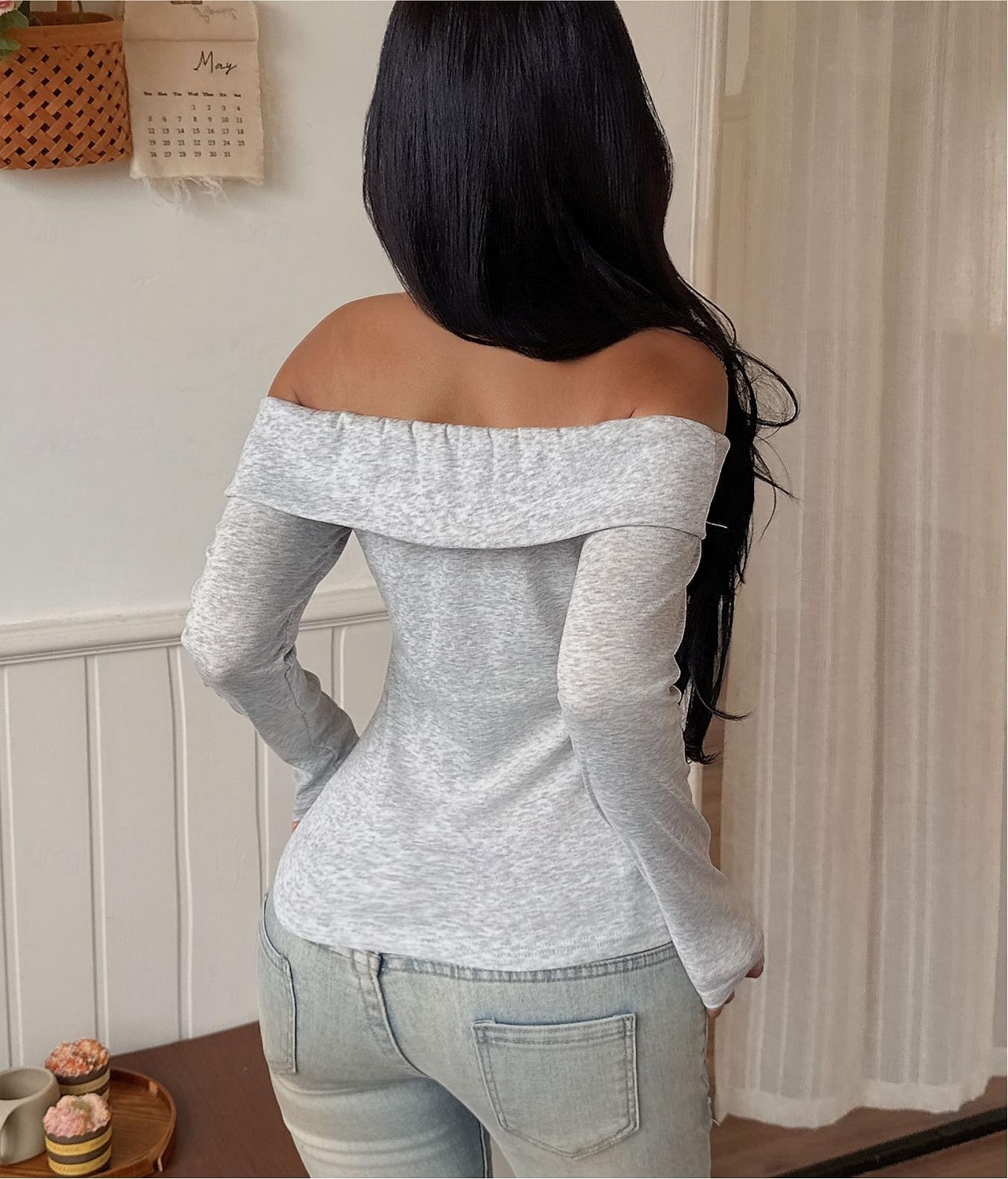Women's Petite T Shirt Y2K Slim fit top Tunic Solid Color Stylish Sexy Long Sleeve Off Shoulder Crop Tops Daily Going out Light Grey Spring Fall 2026 - $21.99 –P2