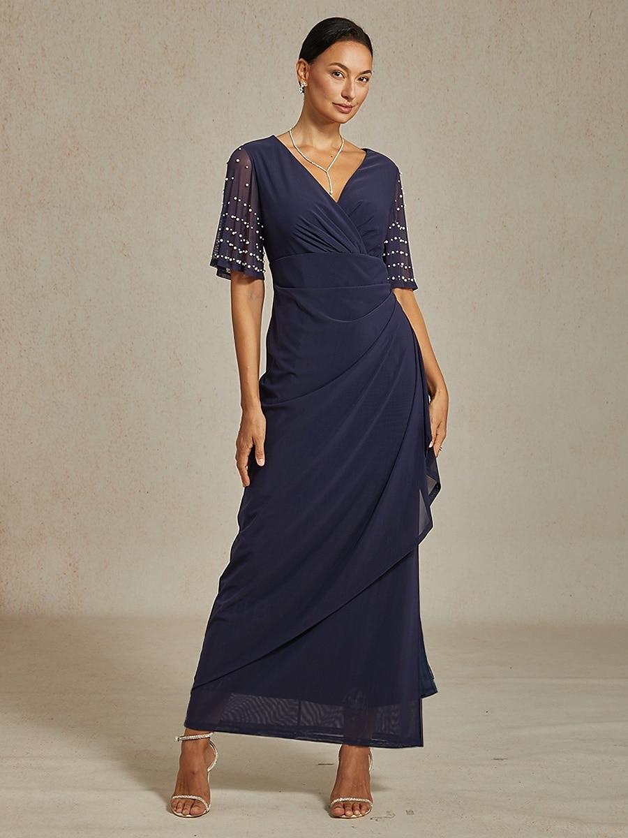 Naisten Maksimekko Kotelomekko Tyylikäs Yhtenäinen väri Lyhythihainen V kaula-aukko Laivaston sininen 2026 - $166.99 –P7