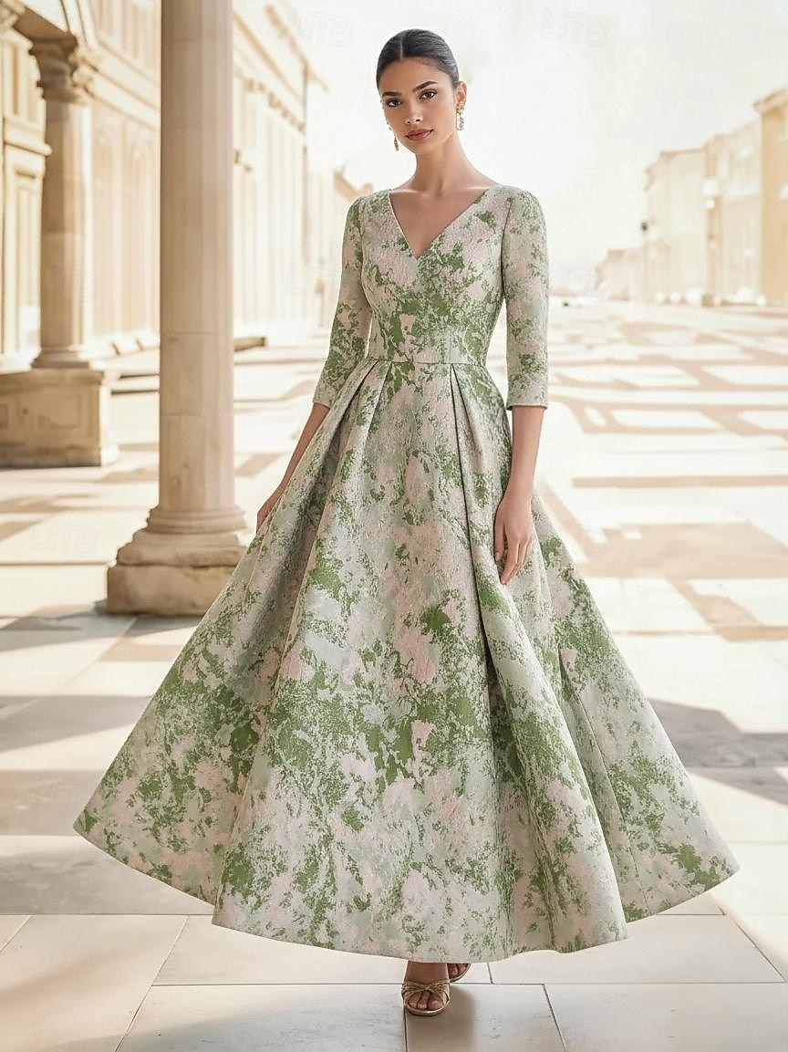 Ligne A Longueur cheville Longueur thé Robe de Cérémonie Robe Fleurie Robes de Cocktail Élégant ancien Floral Manche 3/4 Col en V Fête de jardin Mariage Poche Jacquard Dos Bénitier avec Imprim de 2026 ? $164.69 –P1