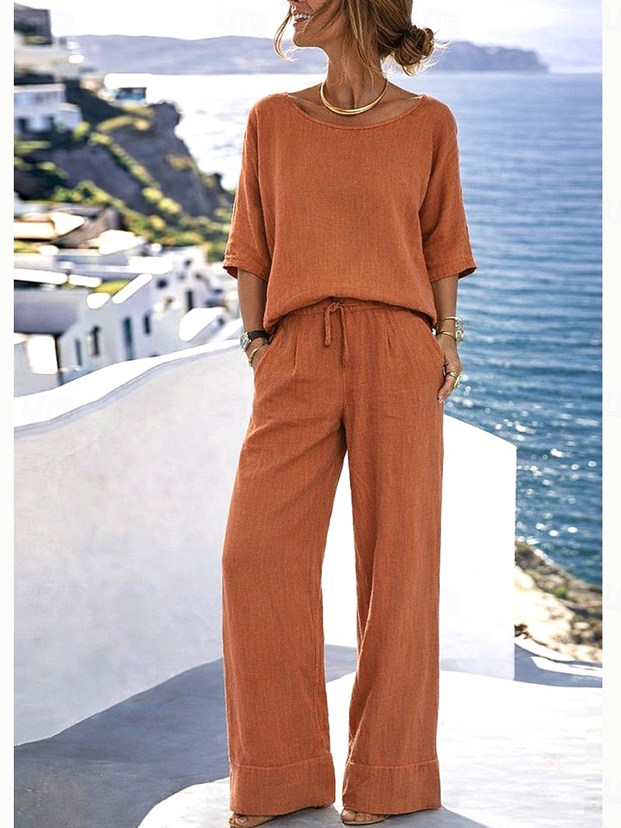 Mulheres Conjuntos de linho de algodão Conjuntos de calças Bolero Top Meia Manga Gola Redonda Côr Sólida Moda Roupa de rua Casual Diário Ao ar livre Azul Preto Branco Verão Normal de 2026 por $35.99 –P8