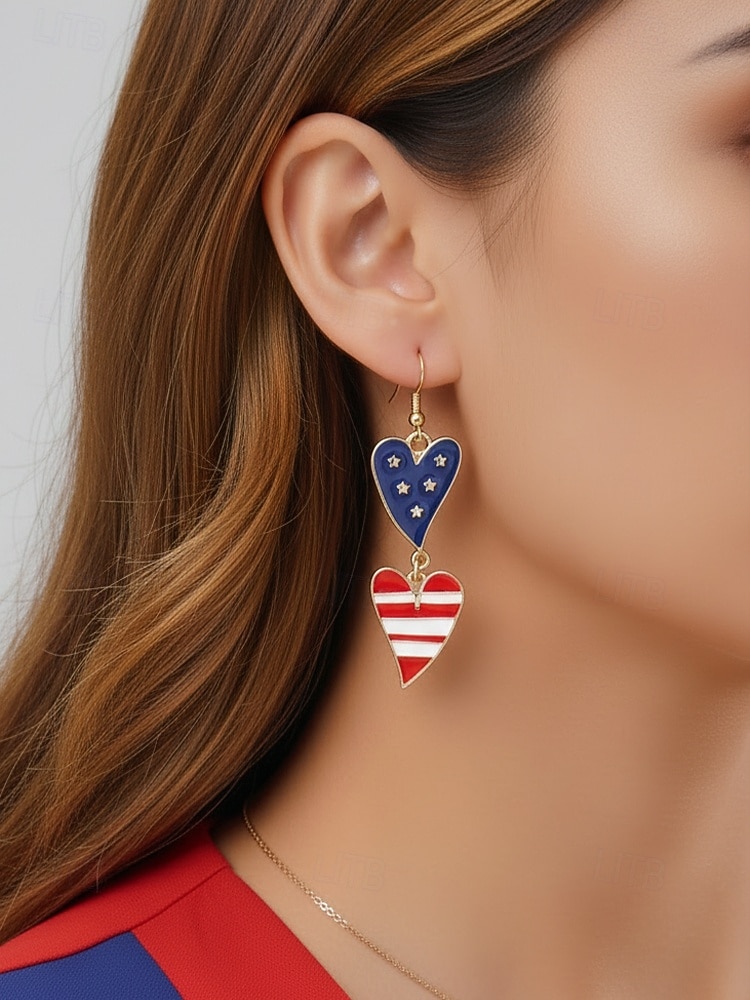 Orecchini pendenti patriottici in lega per donne per il 250° anniversario degli Stati Uniti stili multipli della bandiera USA e cuori gioielli dichiarativi rossi bianchi e blu per feste e festival del 2026 a $7.99 –P1