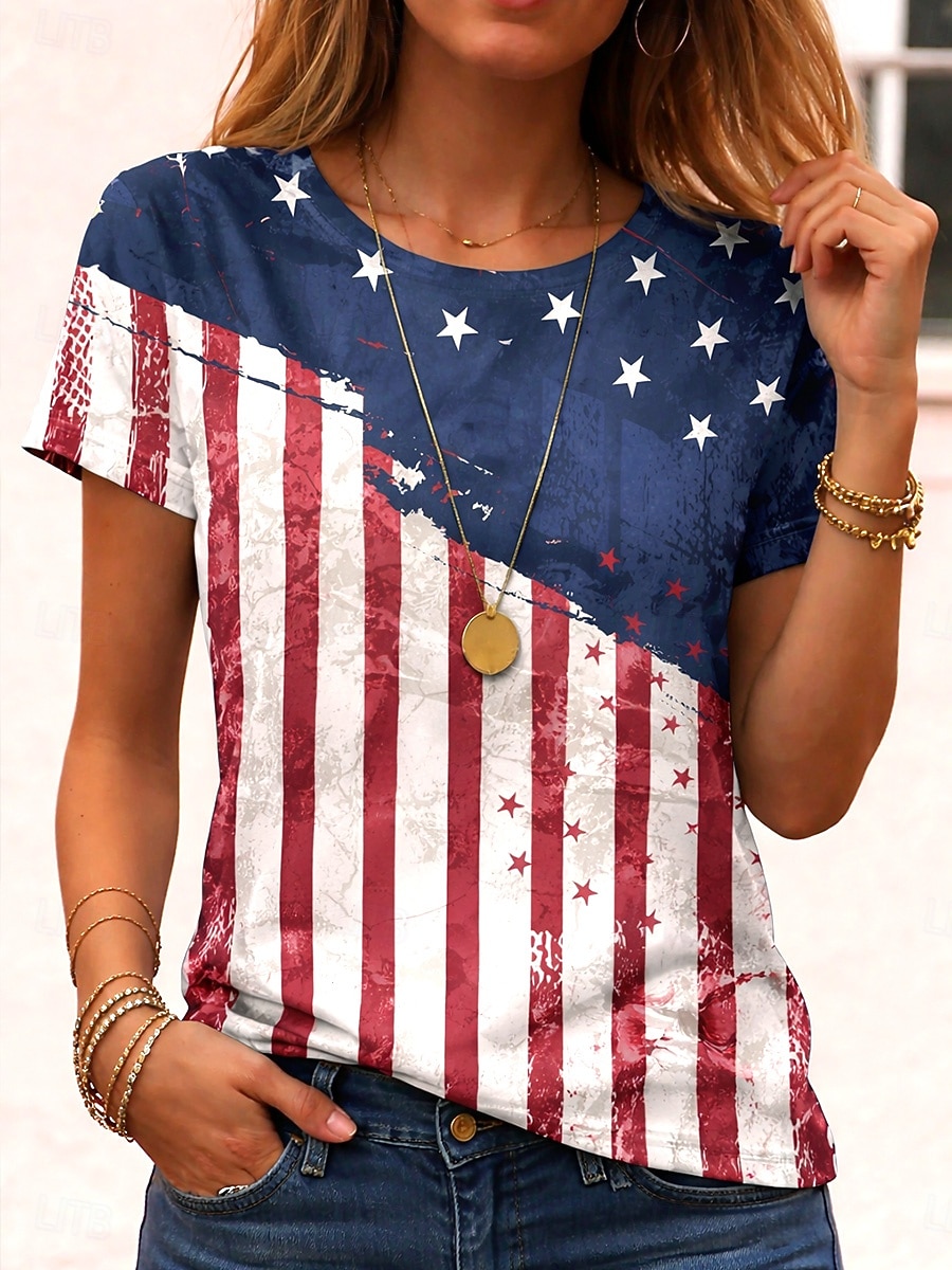 Amerykański Dzień Niepodległości Damskie Podkoszulek Nadruk Graficzny Litera Flaga Ameryki Zabytkowe Elegancki Klasyczny Krótki rękaw Półgolf Zwykłe topy Codzienny Czarny Biały Czerwony Czerwony 2026 - $22.99 –P3