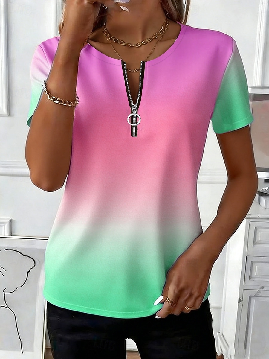 Damen T Shirt Reißverschluss Ombre Grafik Stilvoll Klassisch Lässig Kurzarm Rundhalsausschnitt Lange Oberteile Täglich Sport Wochenende Blau Gelb Rosa Purpur Grün Sommer Frühling 2026 - $21.99 –P4