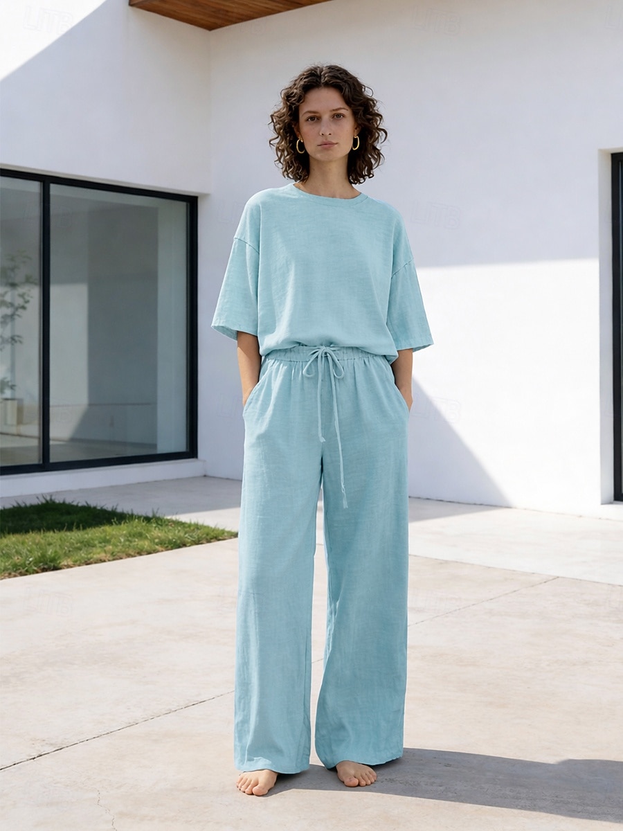 Completo pantaloni da donna in lino al 15%, completo in lino, tinta unita, tasca, elastico in vita, t-shirt, pantalone, casual, a maniche lunghe, girocollo, blu, nero, bianco, blu navy, marrone chiaro, estate, primavera del 2026 a $37.99 –P9
