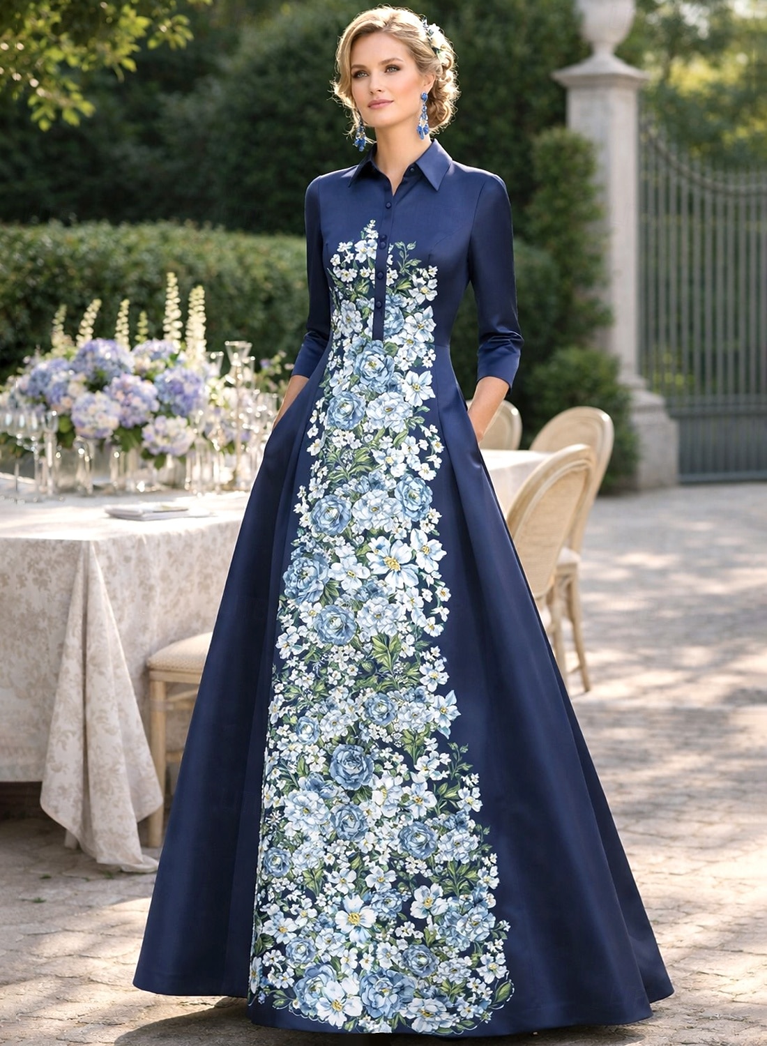 Linia -A Lungime Podea Rochii Tip Cămașă Rochie pentru invitata de nunta Rochie formala Rochie Mama Miresei Manșon Lung Guler Cămașă Elegant Epocă Nuntă Oficial Satin cu Imprimeu Floral 2026 - $183.99 –P1