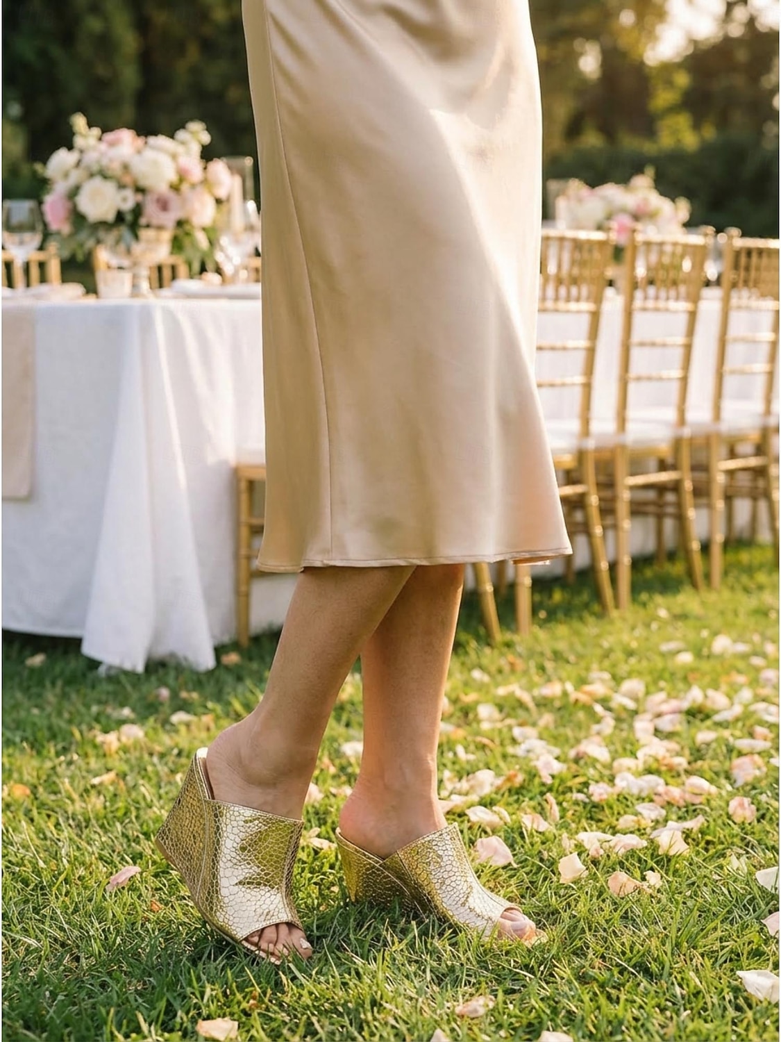 Mules femininas douradas com plataforma metálica, sapatos de salto sem fecho com textura de crocodilo, elegantes para convidadas de casamento em cerimônias na cidade. de 2026 por $42.99 –P4