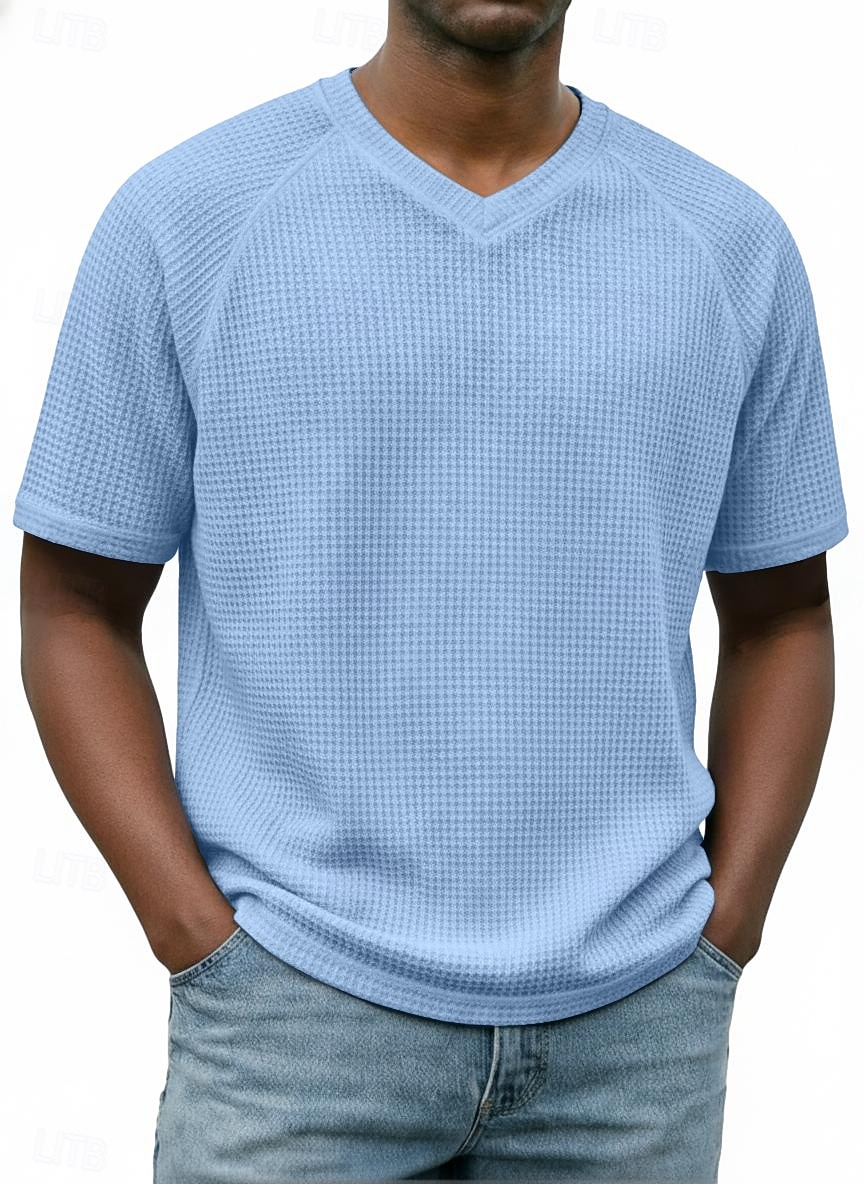 Homme Tee-shirt Gaufre T-shirt Manche Courte Col en V Été Printemps Toutes saisons Couleur Unie Mode Designer Occasionnel Basique Manche raglan Occasionnel Quotidien Extérieur Bleu Ciel Blanc T-shirt de 2026 ? $19.99 –P1