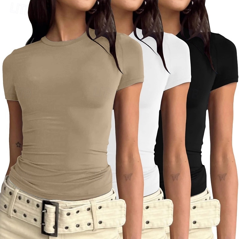 Confezioni multiple Confezione da 3 Femminile Girocollo Manica Corta Nero + bianco + grigio Maglietta Semplice Casuale Quotidiano Poliestere Estate del 2026 a $28.99 –P3